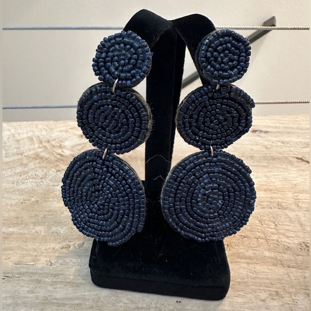 Francesca’s Navy Beaded Statement Earrings Triple Circle Drop Earrings Night Out